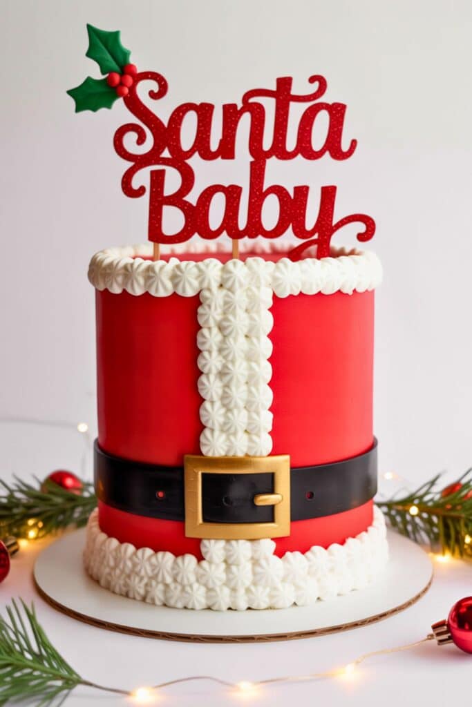 Santa Baby baby shower cake designed like Santa’s suit, featuring red fondant with white frosting trim, black belt with gold buckle, and a glittery red “Santa Baby” topper with holly accent — a festive centerpiece idea for a Christmas baby shower.