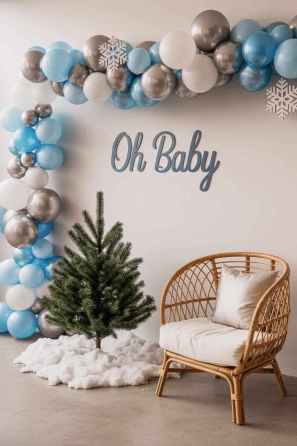 winter wonderland baby shower balloon arch photo backdrop
