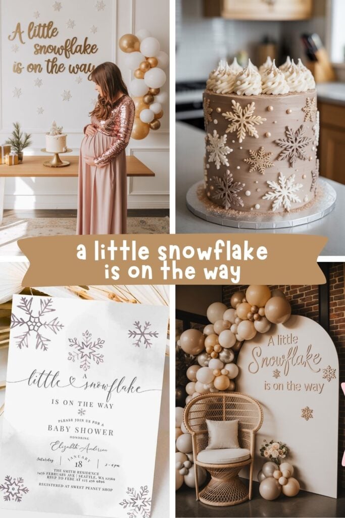 Baby It’s Cold Outside” winter baby shower theme collage with blush and rose gold balloon backdrop, snowy trees, pink winter invitation, glittery pink cake topper, hot cocoa-themed cake, and welcome sign with pink ribbons and Christmas decor.