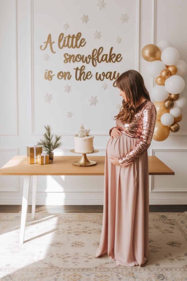 a little snowflake is on the way winter baby shower theme banner and balloons