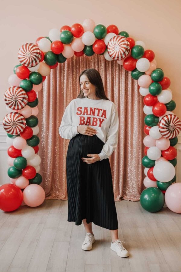 santa baby baby shower outit and balloon arch
