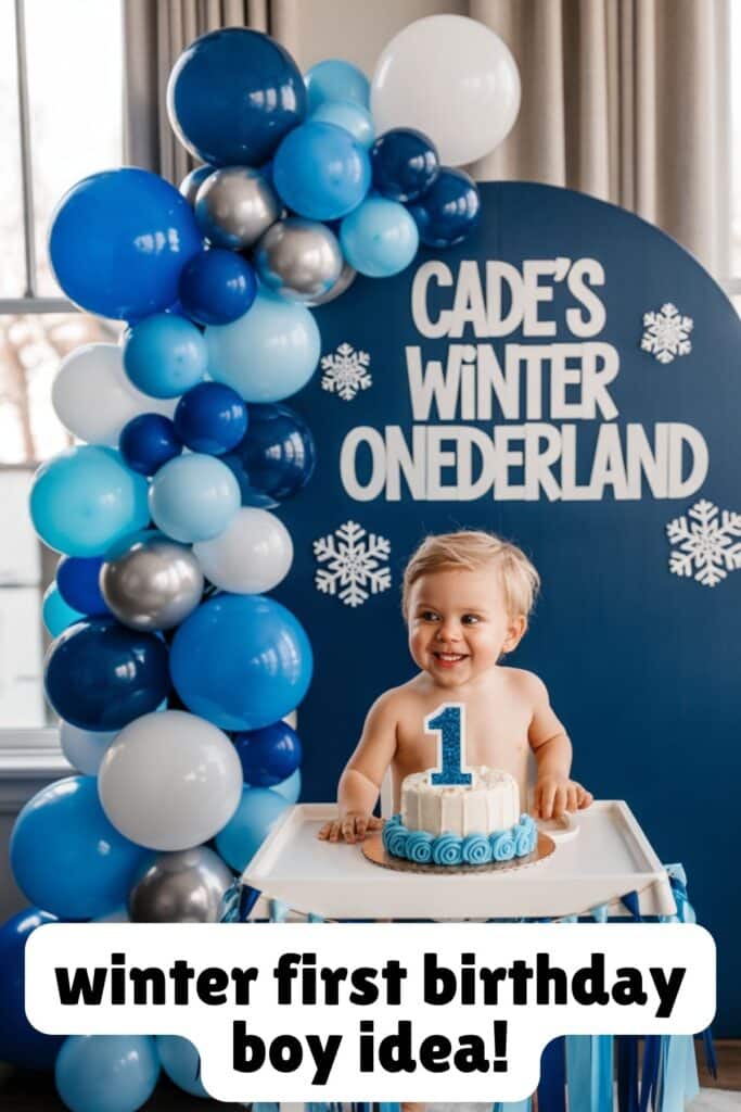 Baby boy celebrating his first birthday with a Winter ONEderland theme. Blue and white balloon garland, snowflake backdrop, and smash cake with a number 1 topper make this the perfect winter first birthday party idea for boys.