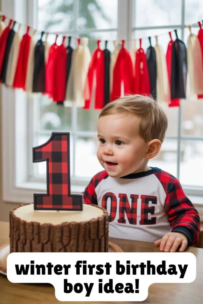 Little boy celebrating his first birthday with a lumberjack theme. Wearing a red and black plaid “ONE” shirt, sitting with a rustic log-style cake and buffalo plaid number one topper. A cozy winter first birthday party idea for boys.