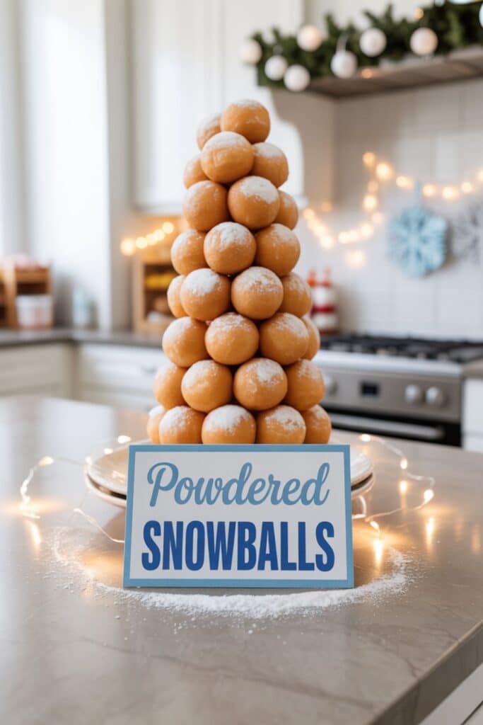 Powdered donut holes stacked in a tower and dusted with sugar to look like snowballs, displayed with a “Powdered Snowballs” sign. A fun and easy winter first birthday party food idea for boys.
