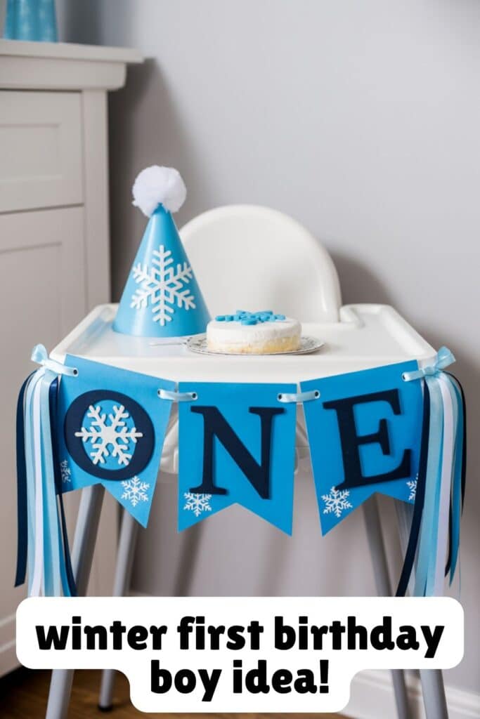 Winter first birthday high chair setup for a baby boy with blue snowflake party hat, mini smash cake, and “ONE” banner with ribbons. A simple and cute winter birthday party idea.