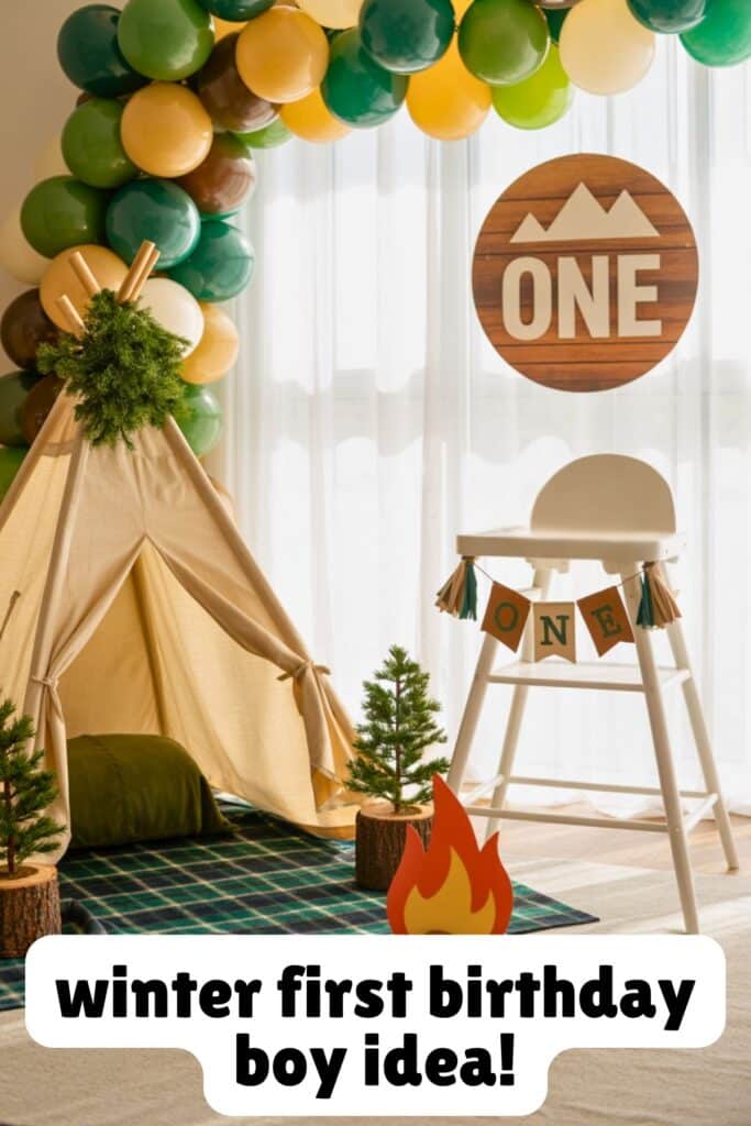 One Happy Camper winter first birthday party setup for boys. Teepee tent, plaid blanket, balloon garland, mini pine trees, and paper campfire create a cozy camping-themed indoor birthday celebration.