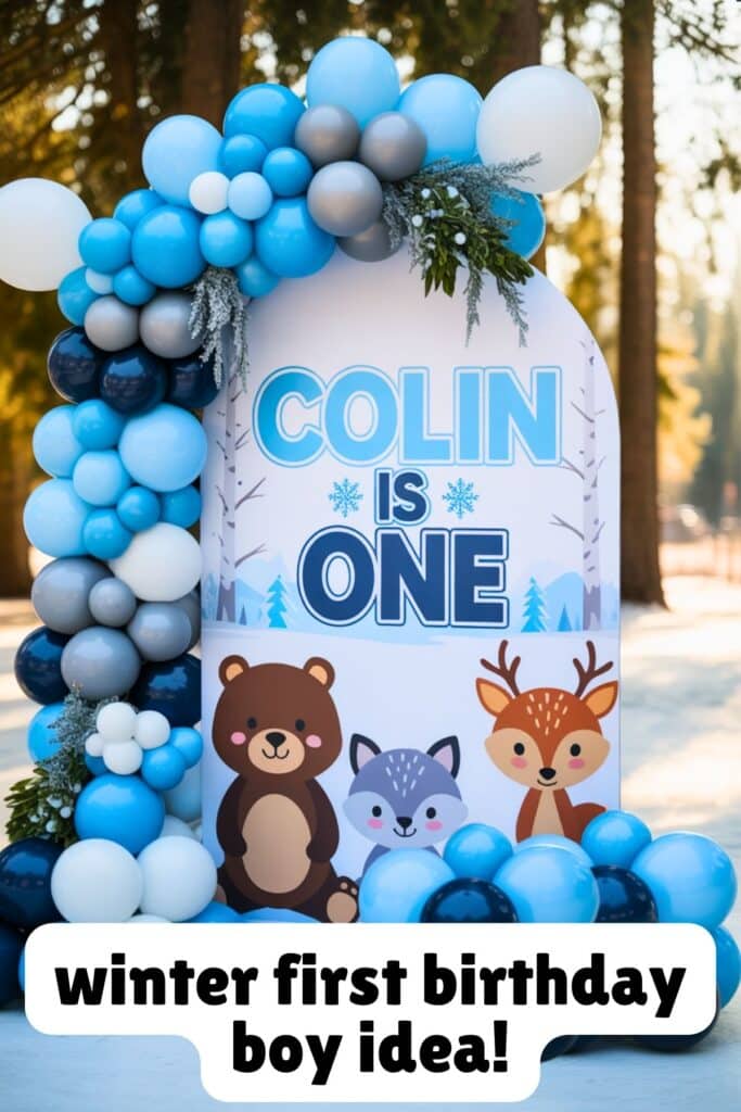 Woodland winter first birthday party backdrop for boys with blue balloon garland, custom sign that says “Colin is One,” and cute woodland animals including a bear, fox, and deer. A cozy outdoor winter birthday theme idea.