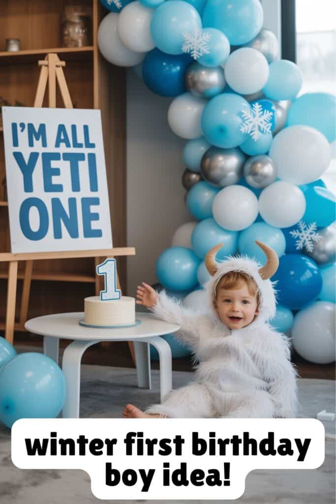 Baby boy in a fluffy white yeti costume celebrating his first birthday with an “I’m All Yeti One” theme. Blue and white balloon garland, snowy decorations, and a simple smash cake create a fun winter birthday party idea.