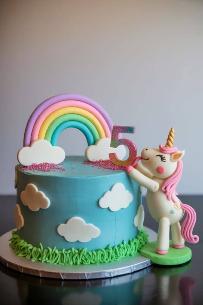 Pastel rainbow unicorn fifth birthday cake with a blue sky background, fluffy white fondant clouds, and a pink-maned unicorn figurine holding a glittery number 5 candle. Ideal for a magical unicorn or rainbow-themed 5th birthday party.