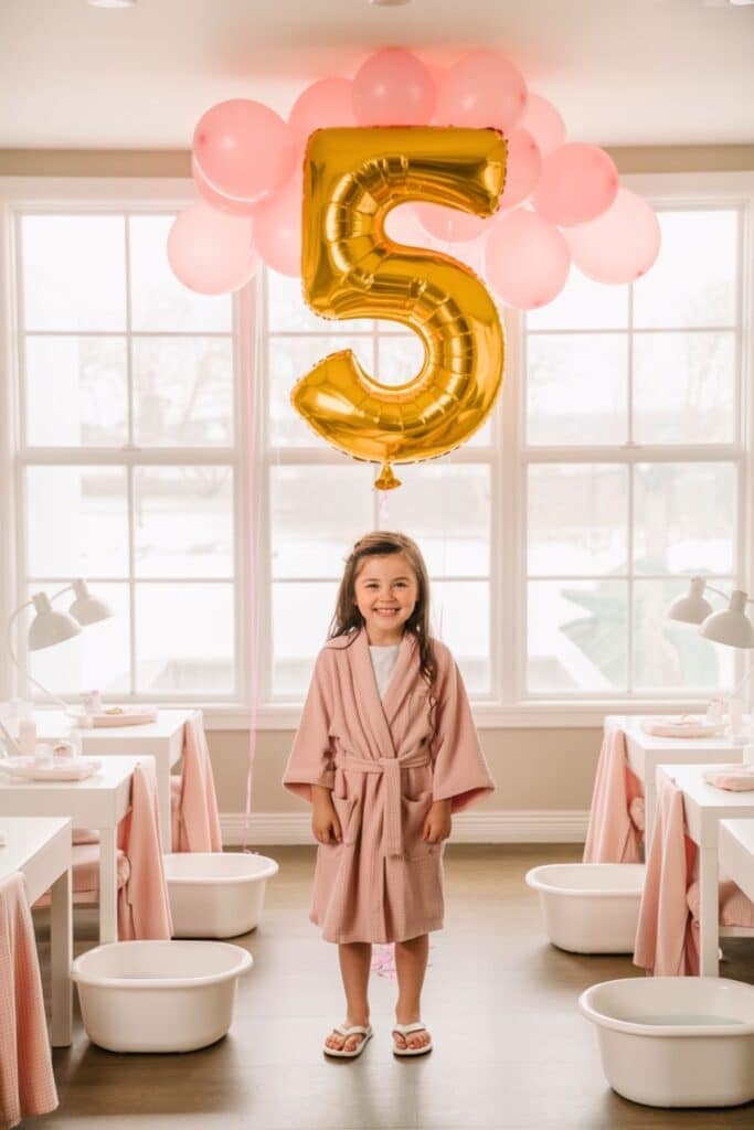 Little girl in a pink robe smiling under a gold number 5 balloon at a spa-themed fifth birthday party with foot soak tubs and blush decor.