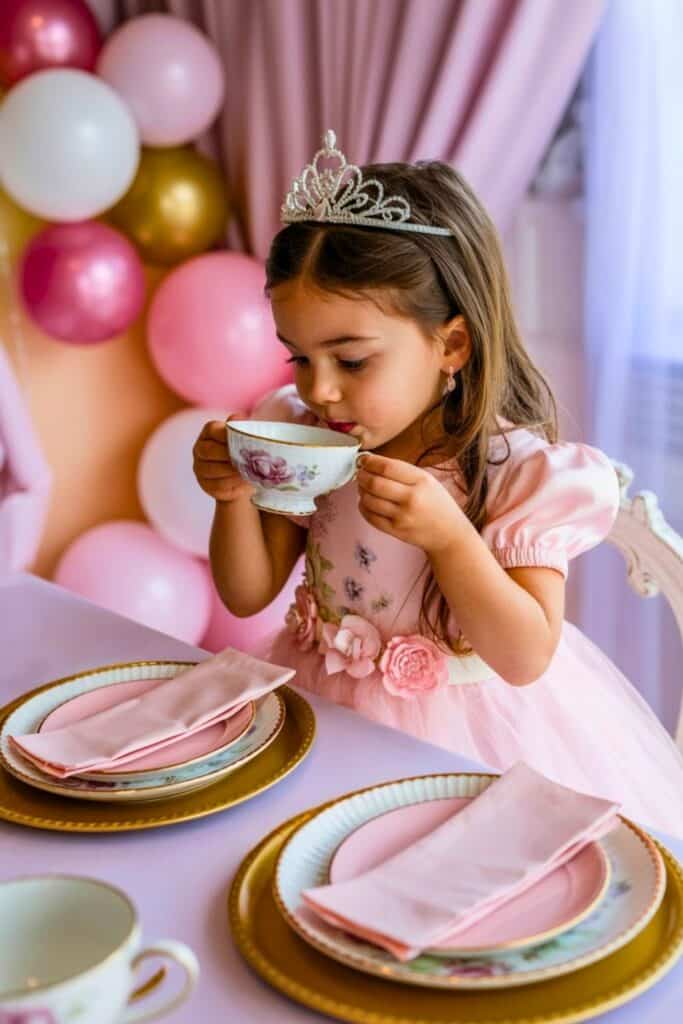 Create a whimsical indoor tea party scene for a 5-year-old girl. Show a young girl dressed in a pastel princess-style dress with floral details and a small silver tiara in her hair, sipping pink tea from a delicate floral teacup. She is seated at a beautifully decorated table with a soft tablecloth, layered pink and gold plates, scalloped pink napkins, and matching floral china. In the background, include soft pink, white, and gold balloons, and a light draped curtain for a dreamy atmosphere. The overall vibe should feel elegant, magical, and perfect for a fairytale-inspired tea party birthday celebration