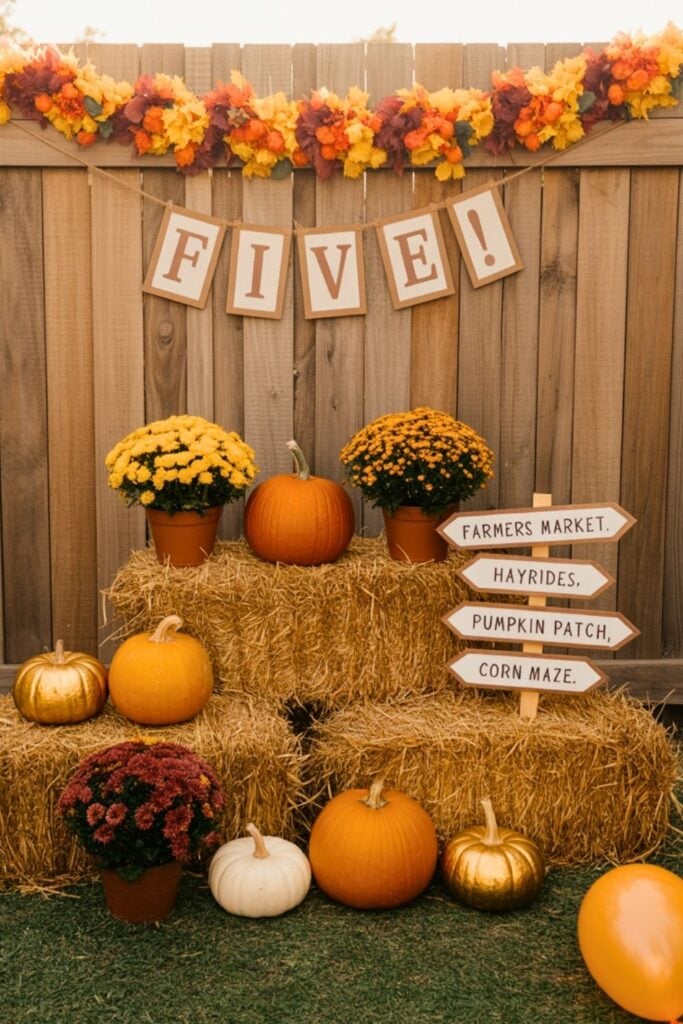 Fall-themed 5th birthday party setup with hay bales, pumpkins, gold and white gourds, colorful mums, and a wooden signpost pointing to "Farmers Market," "Hayrides," "Pumpkin Patch," and "Corn Maze." A rustic banner reading “FIVE!” hangs on a wooden fence adorned with autumn leaves and flowers, creating a cozy, festive fall birthday photo backdrop.