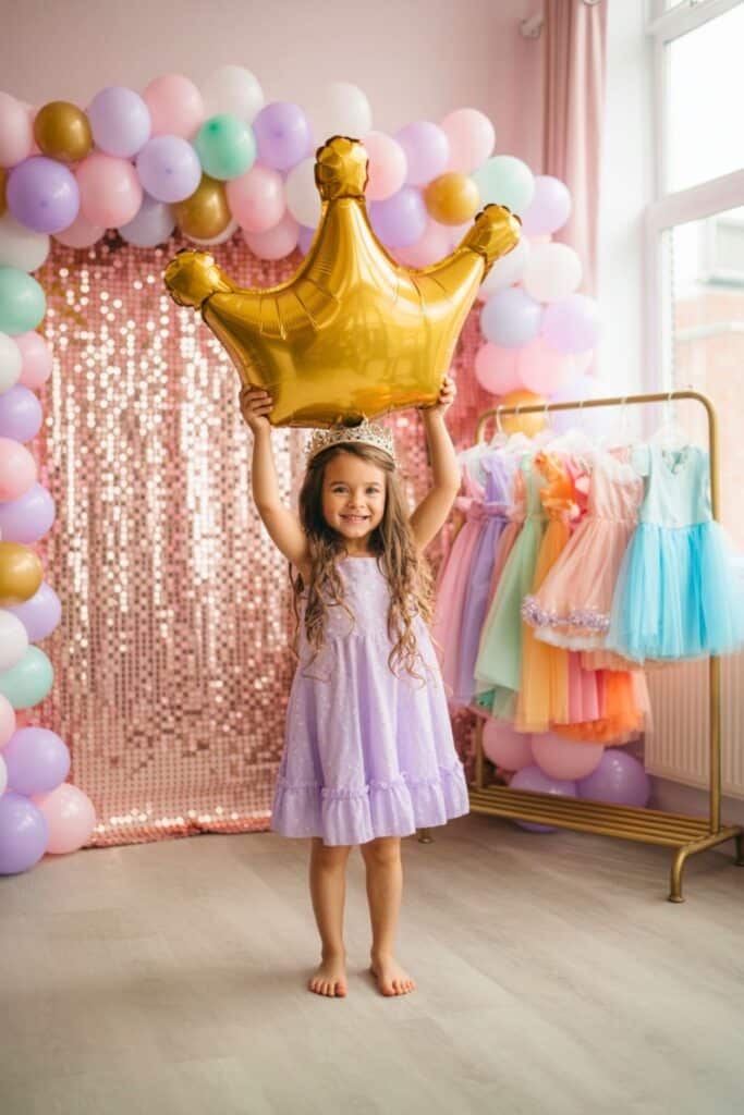 Little girl wearing a lavender dress and tiara holding a gold crown balloon at a pastel princess-themed 5th birthday party with a pink sequin backdrop, balloon arch, and dress-up rack full of colorful tulle dresses.