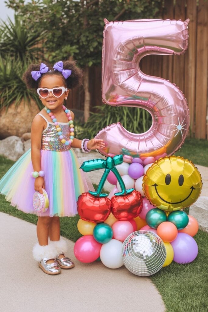 Smiling girl in a rainbow tulle dress with heart sunglasses and fluffy silver shoes stands next to a pink number 5 balloon, cherry balloon, smiley face balloon, disco ball, and colorful balloon cluster at her 5th birthday party.