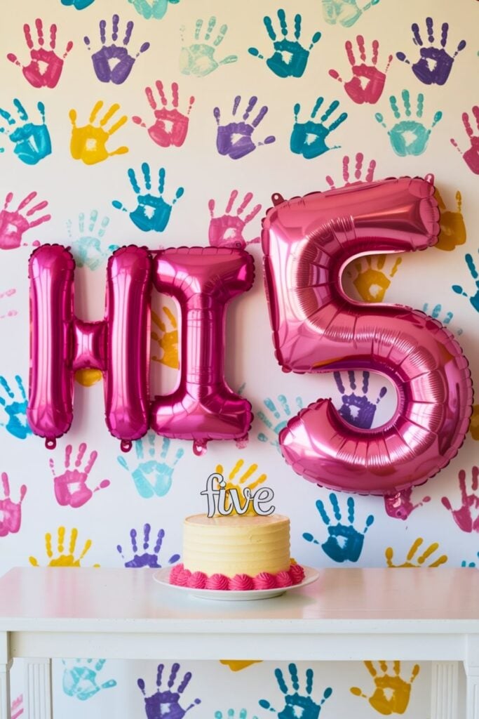 Pink “Hi 5” foil balloons displayed in front of a colorful handprint wall, with a small yellow birthday cake topped with a “five” cake topper on a white table.