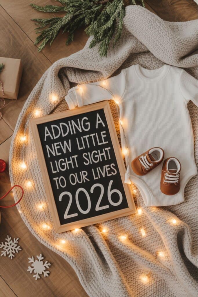 Flat lay Christmas pregnancy announcement idea with a white baby onesie, tiny brown baby shoes, and a letterboard reading “Adding a new little light to our lives 2026,” styled with cozy knit blanket, string lights, pine greenery, and holiday decorations.