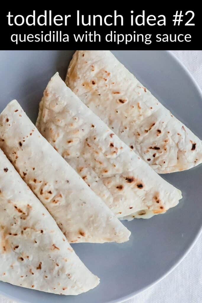 Cheese quesadilla triangles on a plate — an easy toddler lunch idea with kid-friendly dipping sauce; quick finger food for picky eaters and daycare bentos.