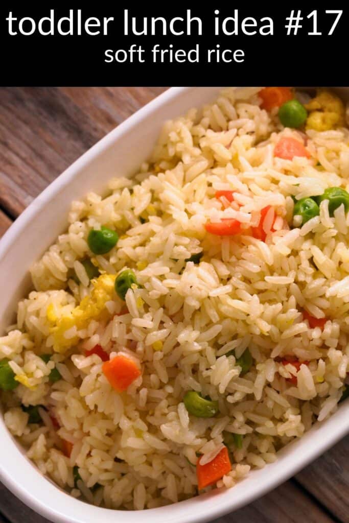 Soft fried rice with peas, carrots, and egg — an easy toddler lunch idea that’s soft-textured, kid-friendly, and perfect for picky eaters/daycare.