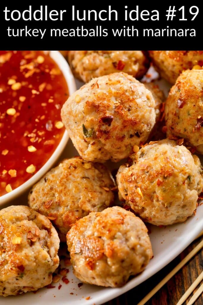 Turkey meatballs with marinara sauce — an easy, high-protein toddler lunch idea and kid-friendly finger food for daycare.