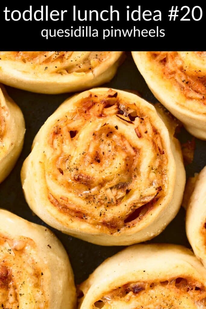Quesadilla pinwheels with melted cheese baked into bite-size spirals — an easy toddler lunch idea and kid-friendly finger food