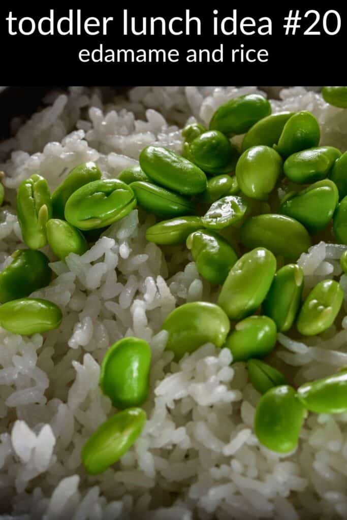 Edamame and rice in a bowl — a simple, healthy toddler lunch idea with protein-rich shelled edamame, bento-friendly and vegetarian.