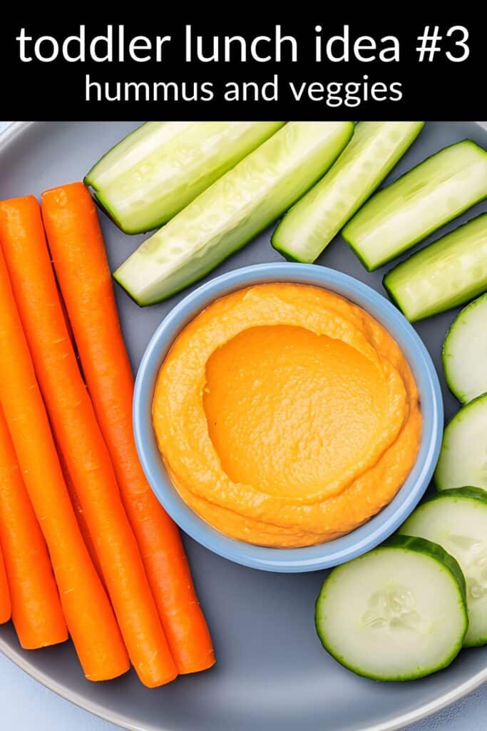 Hummus and veggies snack box — carrot sticks, cucumber slices, and a dip cup — an easy, healthy toddler lunch idea and finger food for picky eaters.
