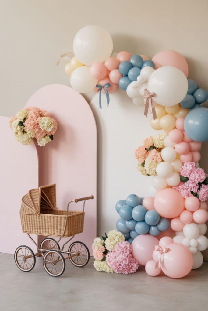 Pastel baby shower backdrop with pink and blue balloon garland, hydrangea floral clusters, curved blush panels, and a vintage wicker pram—soft, elegant spring baby shower decor scene.
