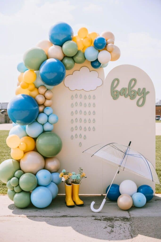 April Showers–inspired Spring Baby Shower backdrop with blue-green balloon arch, cloud and raindrop panel, clear umbrella, and yellow rain boots filled with flowers.