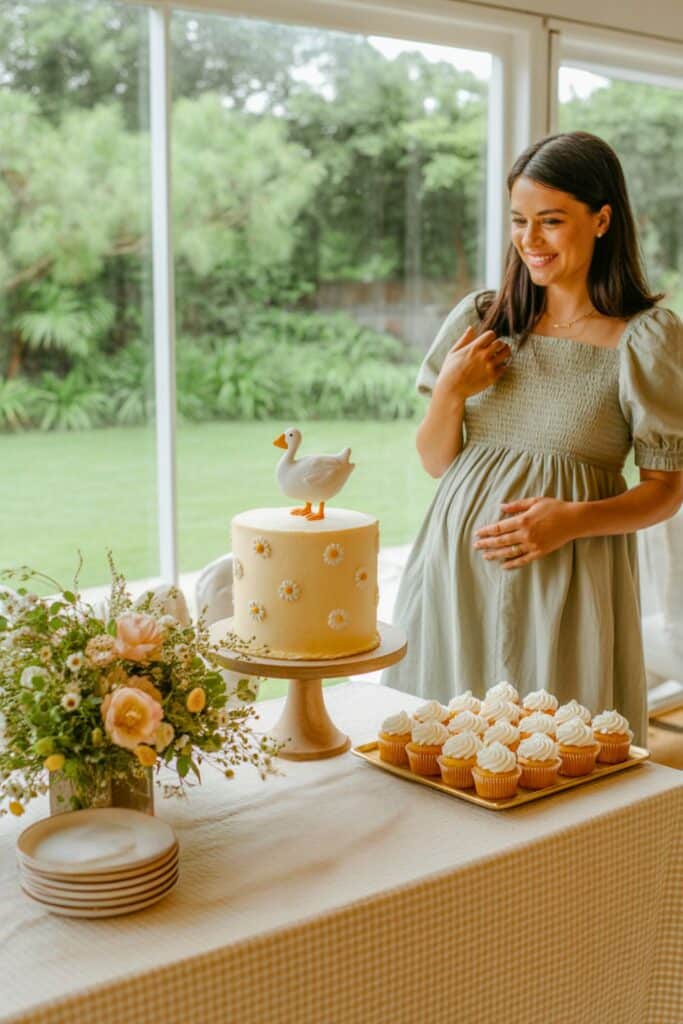 Expectant guest of honor smiling beside a daisy-decorated cake with a goose topper, cupcakes, and spring florals at a baby shower dessert table.