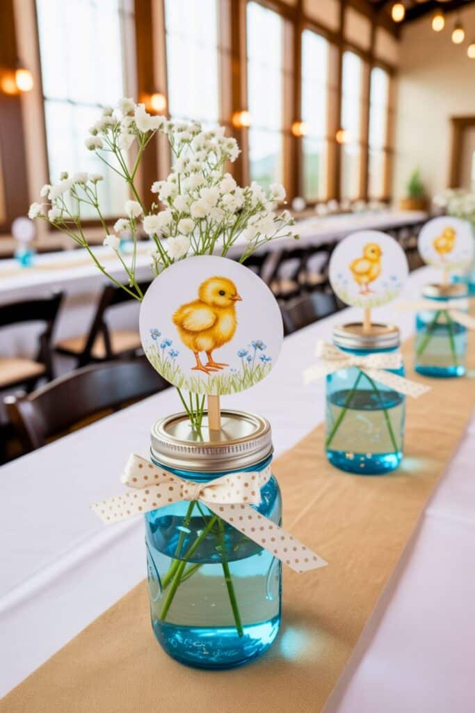 ‘A Little Chick Is On the Way’ centerpiece—baby’s breath in blue mason jars with chick toppers and polka-dot bows on a kraft table runner.