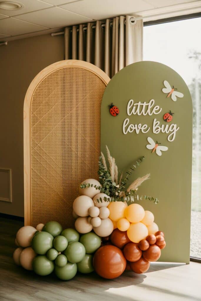 ‘Little Love Bug’ green backdrop with ladybug and firefly cutouts, rattan panel, and earth-tone balloon garland at a spring baby shower.