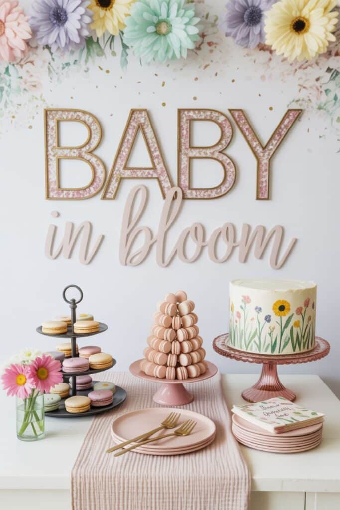 Baby in Bloom’ backdrop and dessert table—macaron tower and hand-painted floral cake—for Spring Baby Shower Themes.