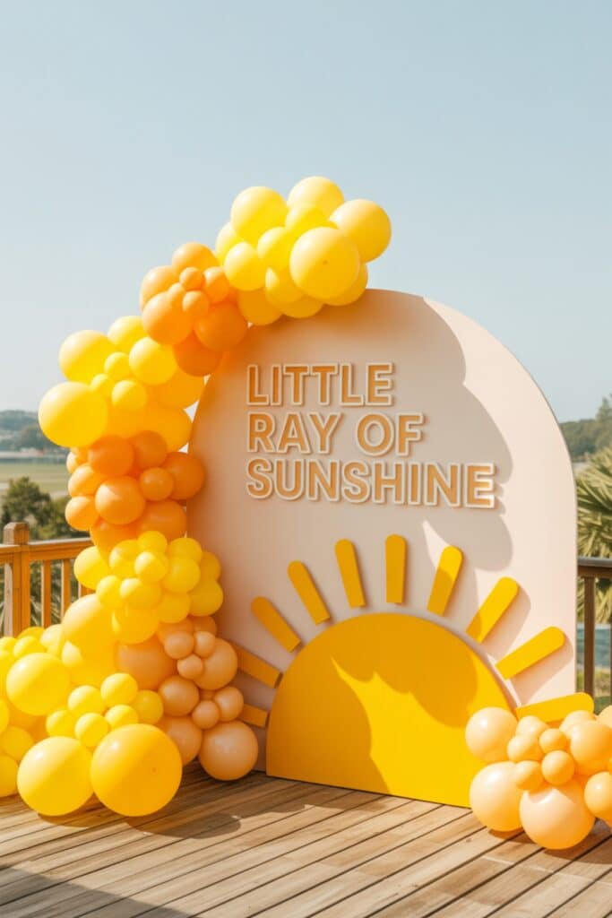 Outdoor gender neutral baby shower setup with a white arched backdrop reading “Little Ray of Sunshine,” surrounded by yellow and orange balloon garlands, a bold yellow half-sun cutout, and warm summer lighting on a wooden deck.