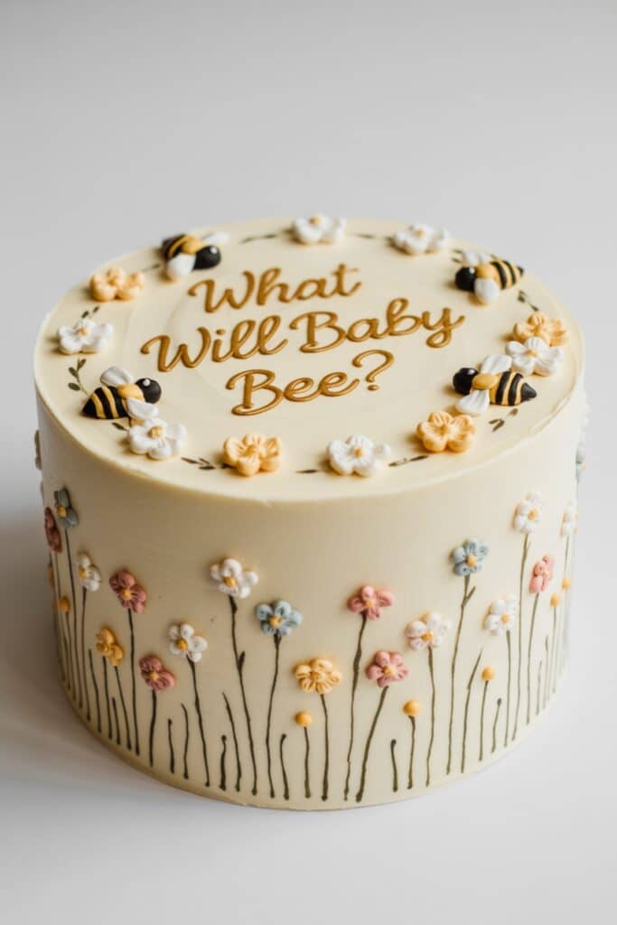 What Will Baby Bee cake—cream frosting, bee toppers, and pastel wildflower piping; sweet, modern gender reveal cake idea.