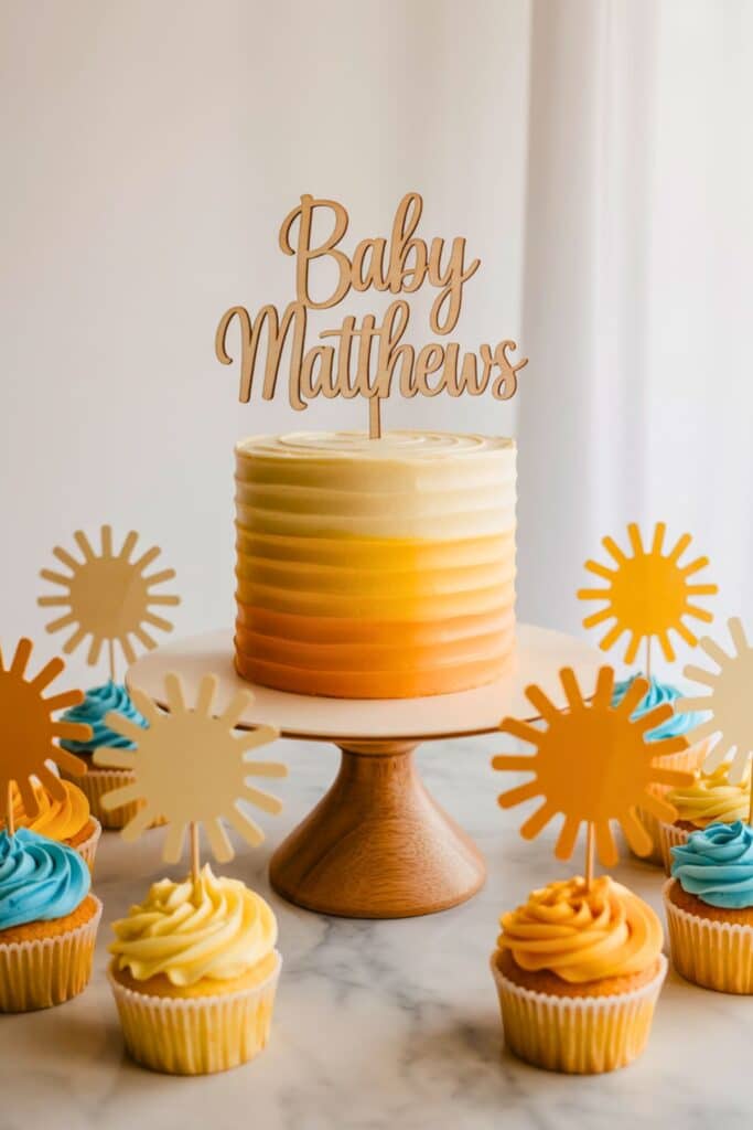 Sunshine-themed baby shower dessert display with an ombré yellow and orange cake topped with a wooden “Baby Matthews” topper, surrounded by blue, yellow, and peach frosted cupcakes decorated with sun-shaped toppers.