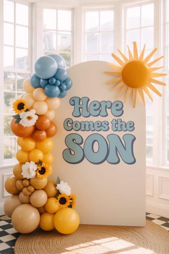 Bright Here Comes the Son baby shower theme backdrop with blue retro lettering, a yellow sun prop, and a yellow, tan, and blue balloon garland accented with sunflowers.