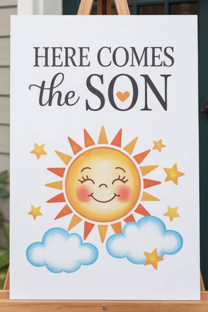 Whimsical Here Comes the Son baby shower welcome sign with smiling cartoon sun, yellow stars, and fluffy blue clouds on a white background.