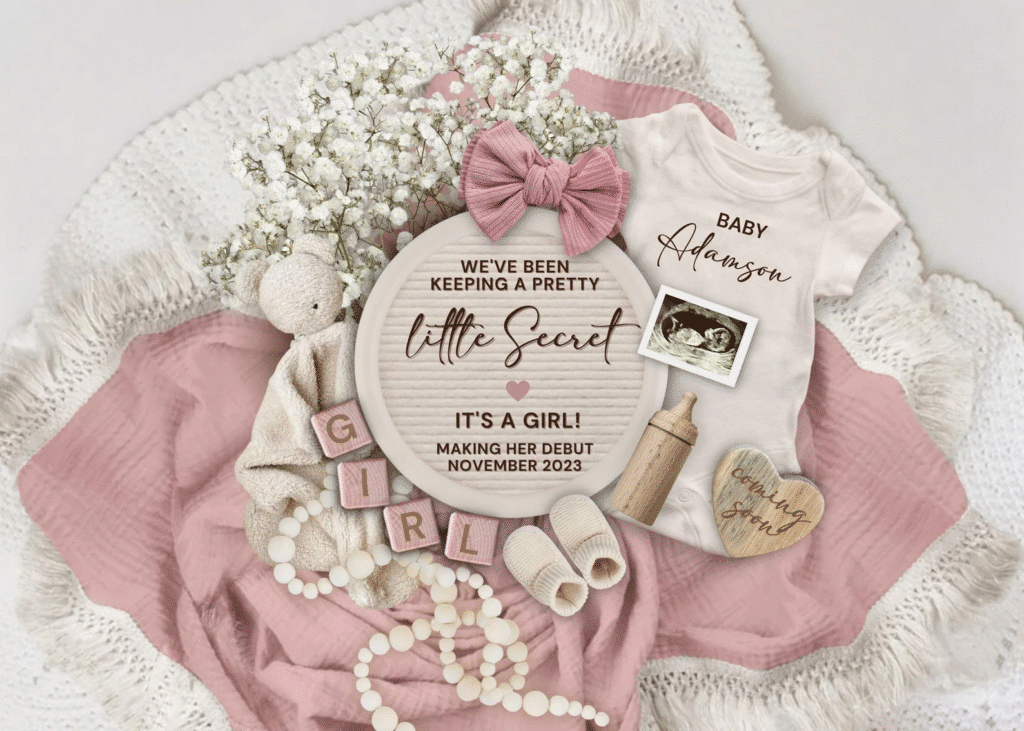 letterboard gender reveal flat lay—baby shoes with ribbon