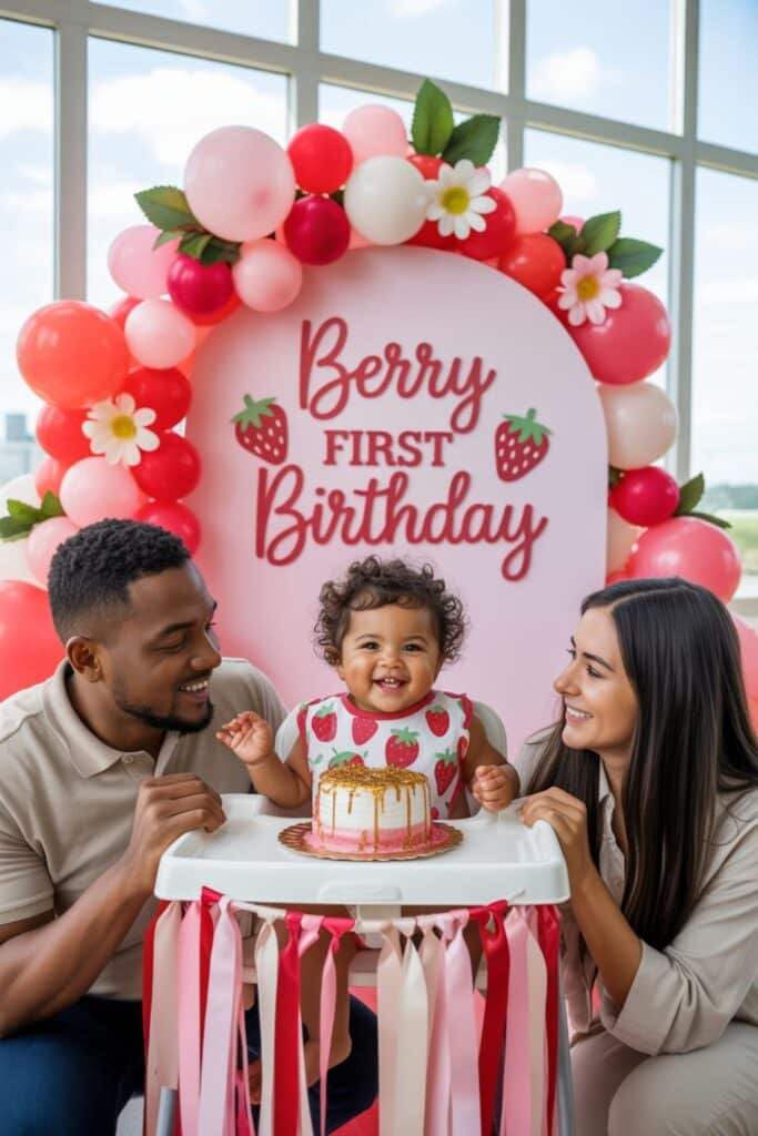 berry first birthday party setup with pink and red balloon garland strawberry backdrop and smash cake