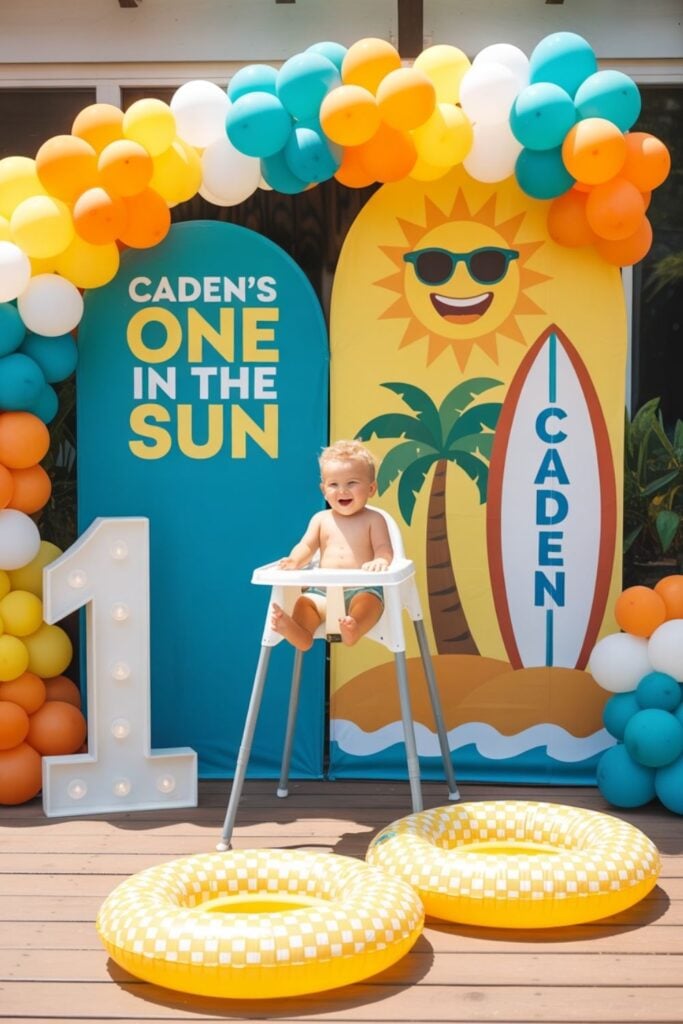 One in the Sun first birthday boy setup featuring a bright balloon arch, personalized sunshine backdrop, surfboard sign, and smash cake high chair, perfect for a summer first birthday party, outdoor birthday celebration, and sunshine theme first birthday ideas for boys