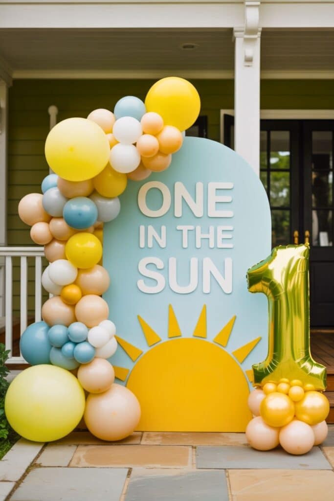 One in the Sun first birthday boy decorations with blue and yellow balloon arch, sunshine backdrop, and gold number one balloon for a summer first birthday party, outdoor sunshine theme birthday party setup, and first birthday theme ideas for boys
