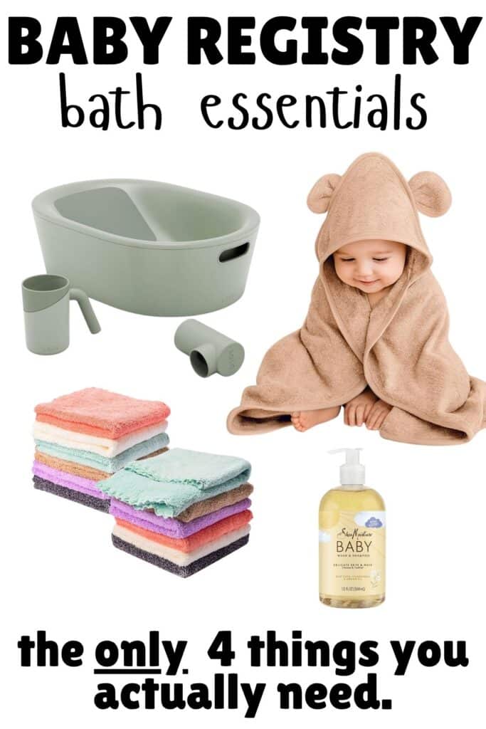 baby registry bath essentials including baby bathtub, hooded towel, washcloths and baby shampoo newborn checklist