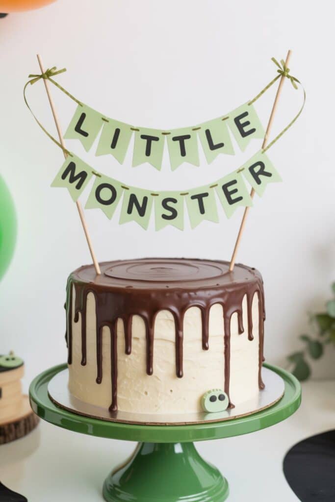 little monster baby shower cake with chocolate drip and banner for a we’ve created a monster baby shower theme