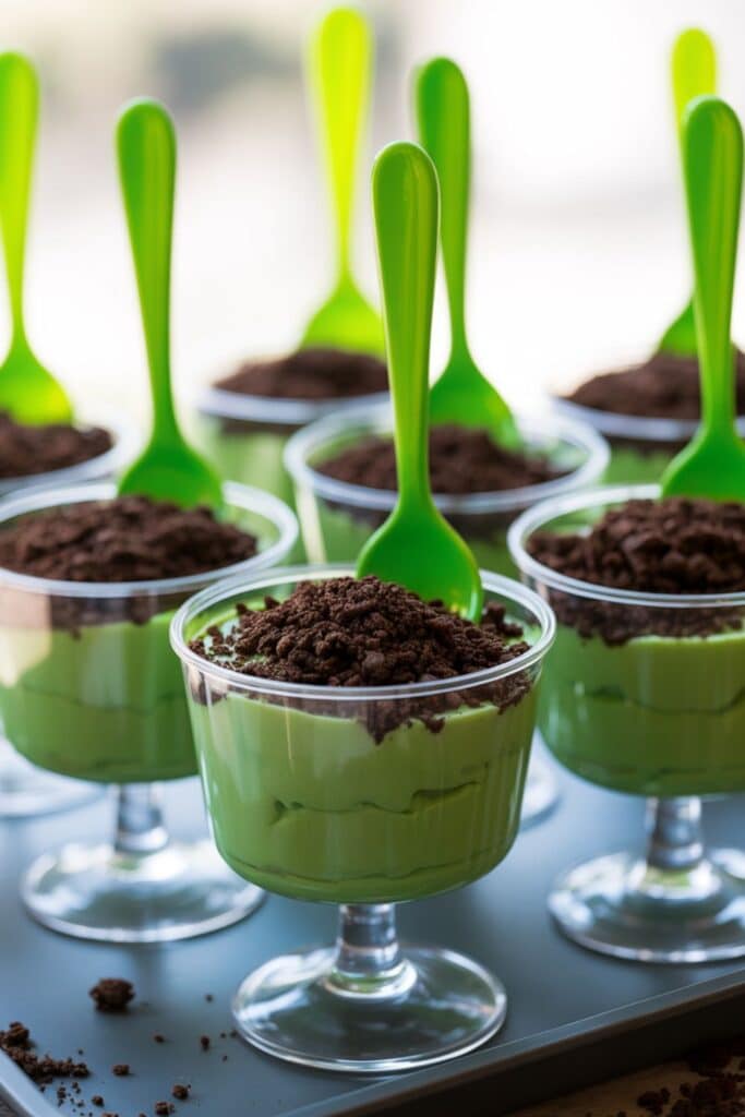 monster baby shower dessert cups with green pudding and chocolate crumbs for a cute halloween baby shower treat idea
