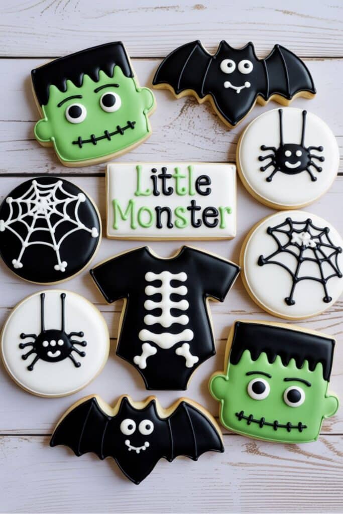 monster baby shower cookies with Frankenstein, bats, spiders, and onesies for a we’ve created a monster baby shower dessert table