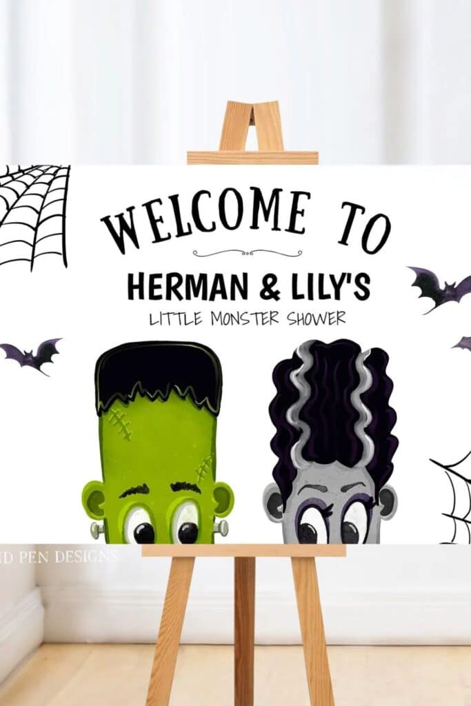 monster baby shower welcome sign with cute cartoon monsters for a we’ve created a monster halloween baby shower theme