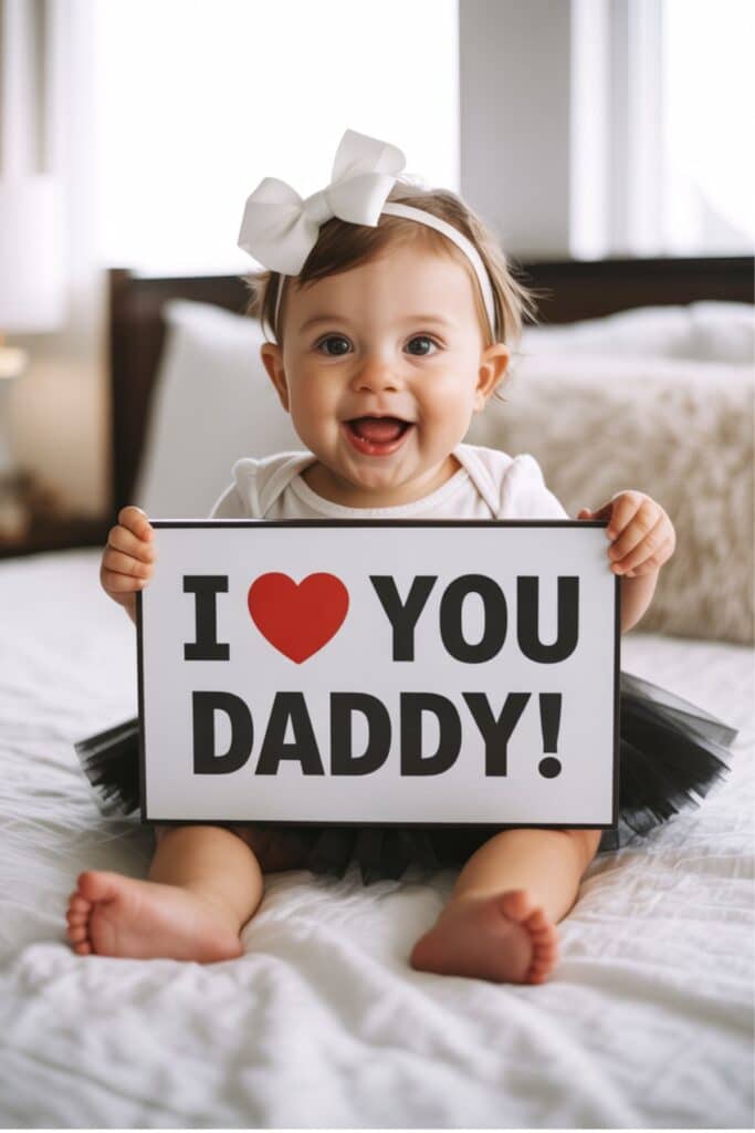 smiling baby girl holding “I love you daddy” sign for Father’s Day photo idea