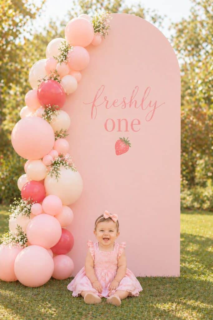 Freshly one strawberry first birthday backdrop with pink balloon garland and baby girl sitting in front of sign with strawberry detail