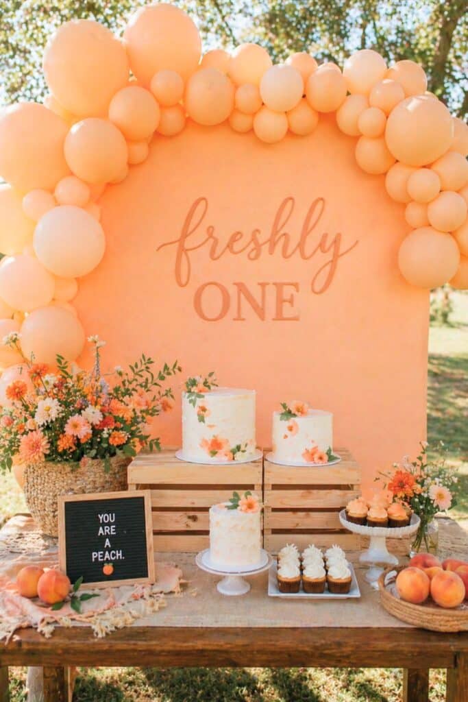 Freshly one peach themed first birthday dessert table with orange balloon arch, cakes, cupcakes, and “you are a peach” sign for a baby girl party