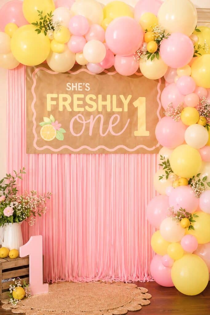 She’s freshly one first birthday backdrop with pink fringe curtain, balloon garland, and lemon themed decorations